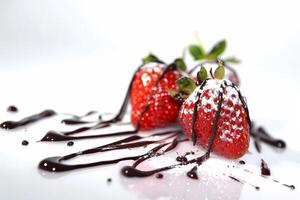 fresas con un llovizna de chocolate, emparejado indulgencia en un blanco antecedentes foto