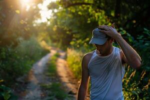 Jogger pausing under the last bit of shade on a trail, overheated and tired, wiping sweat away photo