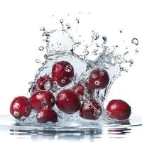 Fresh red apples splashing into water with dynamic droplets, ideal for health and wellness themes or culinary content related to fruit and clean eating photo