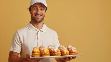 Cheerful caucasian male baker in uniform presenting a plate of freshly baked lemon meringue pies against a warm beige background, related to Thanksgiving and baking photo