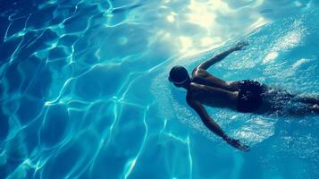 atlético nadador en gafas de protección y gorra practicando estilo libre carrera en un iluminado por el sol piscina, adecuado para aptitud y verano ocupaciones conceptos foto