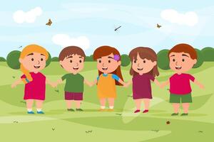 dibujos animados linda niños jugando en naturaleza. verano o primavera paisaje. ilustración vector