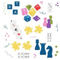 a set of board game items, cards, chess, cubes, dominoes, puzzles. Isolated illustration. vector