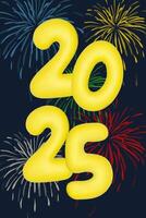 alegre Navidad y contento nuevo 2025 año. ilustración de 3d amarillo números 2025 con Fuegos artificiales. vertical festivo póster o bandera diseño vector