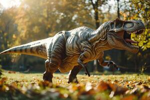 grande de miedo hambriento dinosaurio con tipo ojos y agudo dientes destruyendo parque foto