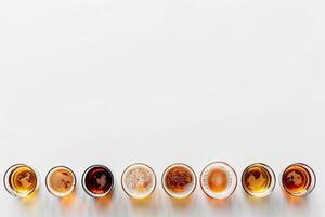 Minimalist concept of beer tasting, small glasses arranged in a row on a pristine white surface photo