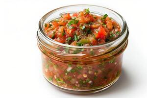 Glass jar of homemade tomato salsa isolated on a white background, vibrant red and fresh ingredients visible photo