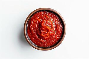 Bowl of vibrant red tomato sauce isolated on a white background, top view, perfect circular shape photo