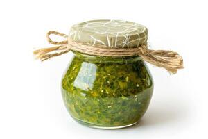 Glass jar of homemade pesto sauce, vivid green, isolated on a white background, side view photo