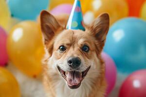 Close up of a happy dog with a party hat on, surrounded by colorful balloons for Dog Day photo