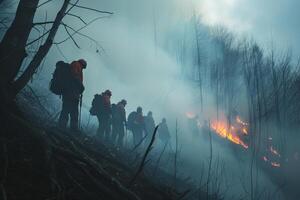 Volunteers forming a line to fight a small forest fire, teamwork in a smoky, chaotic environment photo