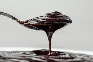 satinado chocolate salsa llovizna apagado un cuchara, lujoso y oscuro, aislado en un blanco antecedentes foto