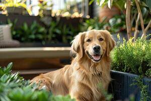 Luxury outdoor garden at a dog hotel, beautifully landscaped for pets to explore and enjoy photo