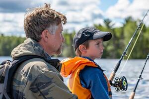 Professional fishing guide teaching a young apprentice on a boat, demonstrating technique with rods and reels photo