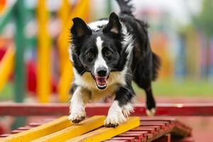 perros participativo en un simpático agilidad curso, exhibiendo su habilidades en internacional perro día foto