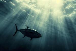 Silhouette of a tuna fish outlined against the sunlight penetrating the ocean surface, ethereal and mysterious photo