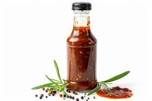 Bottle of tangy barbecue sauce with herbs and spices visible, isolated on a white backdrop photo