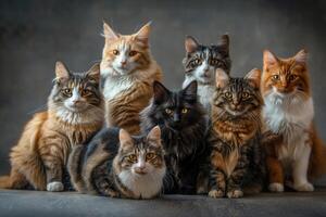 Group of various breeds of cats sitting together, posing for a Cat Day portrait, colorful and diverse photo