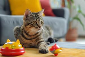 gato jugando con un gato día temática juguete, vibrante y animado acción Disparo en un vivo habitación foto