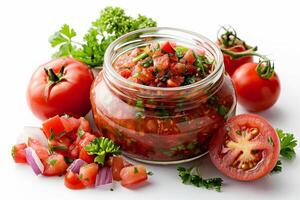 Glass jar of homemade tomato salsa isolated on a white background, vibrant red and fresh ingredients visible photo