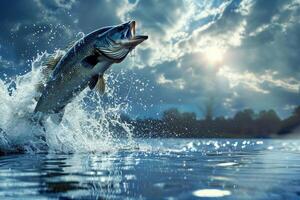 Dramatic catch scene with a large fish jumping out of the water while being hooked, action packed moment photo