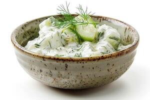 Ceramic dish of tzatziki, cucumber and dill visible, refreshing and cool, isolated on white photo