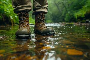 cerca arriba de pescar botas en pie en superficial corriente agua, rodeado por lozano verde vegetación foto