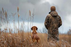Hunter with a trained hunting dog at his side, both alert and scanning the horizon in a grassy field photo