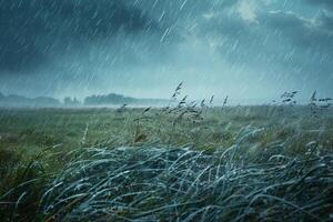 soplado por el viento lluvia cuchillada a través de un abierto campo, alto pastos doblar debajo el fuerza de el tormenta foto