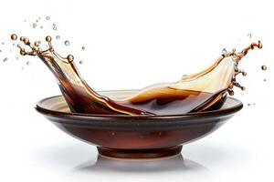 Delicate saucer of soy sauce, simple and dark, with a light soy splash, isolated on white photo