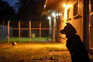 Noche seguridad a un perro hotel, con un Guardia y vigilancia sistema asegurando la seguridad para todas mascota invitados foto