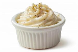 Ramekin of aioli sauce, creamy garlic flavor, smooth texture, isolated on a white backdrop photo