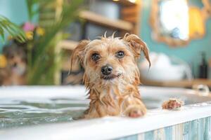 Dog spa day at a luxury pet hotel, with a grooming station offering baths, trims, and pawdicures photo