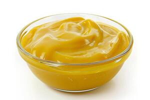 Transparent bowl of golden honey mustard sauce, thick and glossy, isolated on a pure white background photo