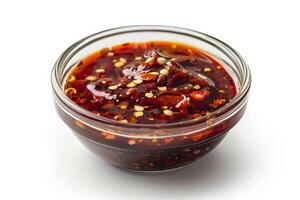 Small bowl of spicy chili sauce, deep red with chili flakes, isolated on a pristine white surface photo