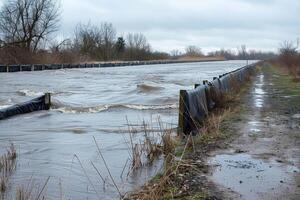 Flood barriers holding back rising river waters, tense preparations as rain continues to fall photo