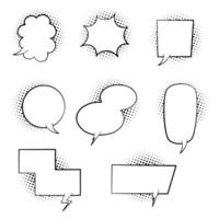 collection set of blank black and white pop art polka dots halftone speech bubble balloon, think speak talk whisper text box vector