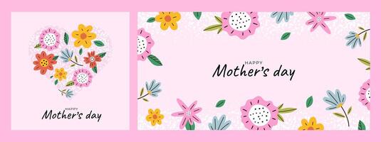Mothers Day card and banner set. Trendy poster, flyer, label or cover with flowers frame, abstract floral pattern in mid century art style. Spring summer bright abstract floral design template vector