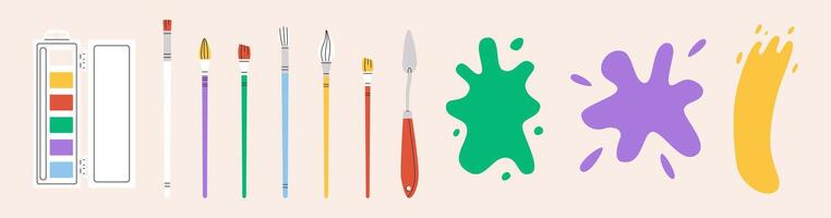 Set with painting elements. Brushes, paints and blots. Flat illustration isolated on white. Hand drawn style. vector