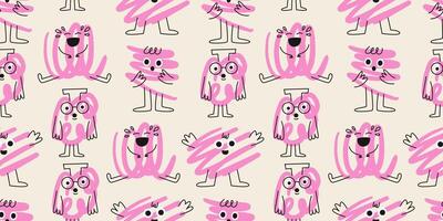 Seamless pattern with abstract scribble characters. Cute funny doodle colorful characters background. Hand drawn flat illustration isolated. vector