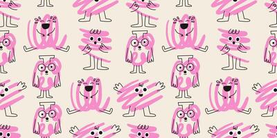 Seamless pattern with abstract scribble characters. Cute funny doodle colorful characters background. Hand drawn flat illustration isolated. vector