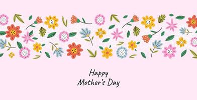 Mothers Day banner with cute flowers. Abstract floral pattern in hand drawn style. Spring summer bright abstract floral design template for ads promo. vector