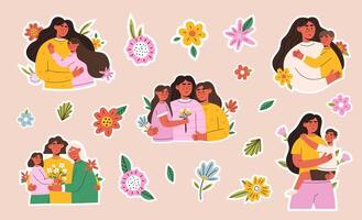 Mothers day sticker set. Mom hug daughter. Three generations celebrating happy mothers day. Mom hold sun. Flat isolated illustrations. vector