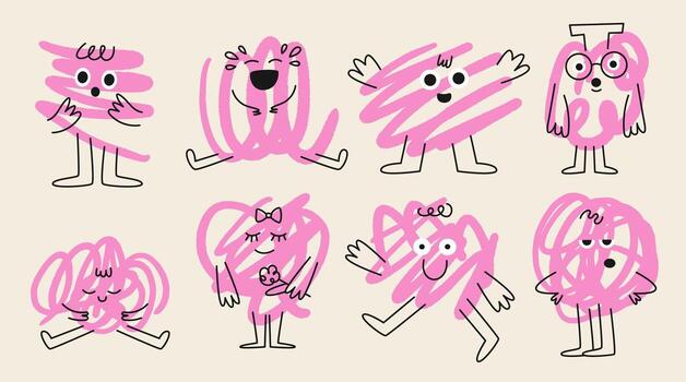 Abstract scribble characters with different emotions. Cute funny doodle colorful characters. Hand drawn flat illustration isolated, vector