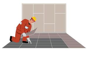 Floor Repair Illustration With A Man Putting A Floor pieces vector