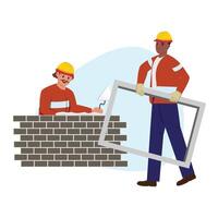 Construction Workers Installing Windows and Laying Bricks vector