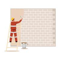 Worker wearing a protective helmet and uniform painting exterior wall vector