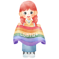 Illustration of a woman holding a rainbow flag for Pride Month png