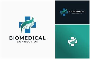 médico hospital farmacia medicina hoja verde tecnología conexión logo diseño ilustración vector