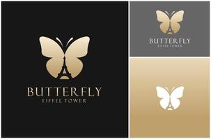 mariposa eiffel torre París oro lujo negativo espacio creativo logo diseño ilustración vector
